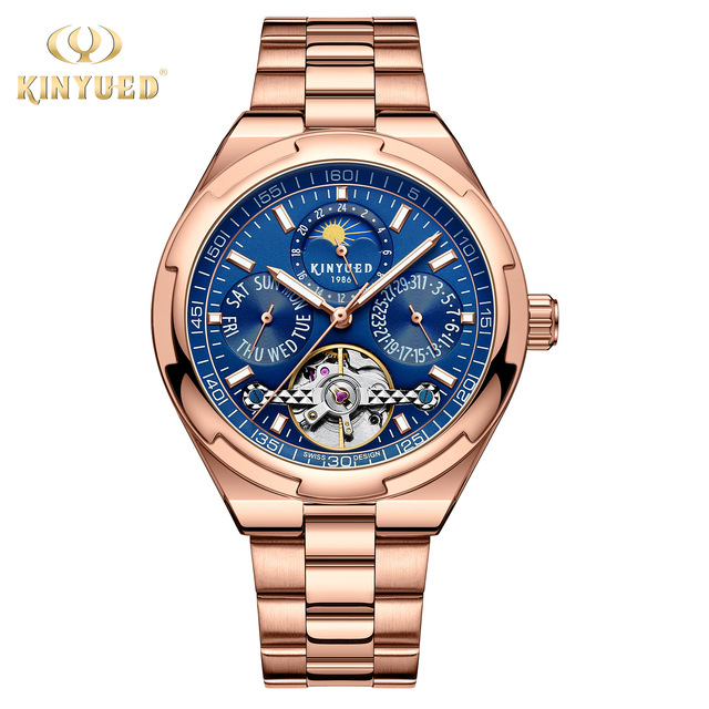 KINYUED J065 Stainless Steel Strap Mechanical Tourbillion Male Automatic Wrist Watches Business Waterproof Luminous Hands Watch