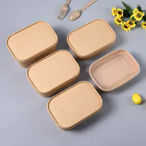 Disposable takeout bento craft paper salad bowl custom rectangle square kraft paper bowls rectangle food contain with lid