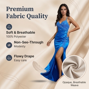Robe de soirée élégante bleu royal en polyester à manches longues avec des paillettes et une fente pour les banquets formels - Product Image 2