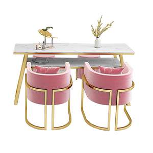 Table de manucure et pédicure avec plateau en marbre blanc, pieds en métal doré, étagère de rangement et fauteuils confortables en velours - Product Image 5