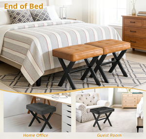 Taburete Moderno Tapizado Cuadrado de Cuero PU con Patas en X de Metal Negro, Banco Otomano Acolchado para Dormitorio, Sala de Maquillaje o Vestidor - Product Image 4