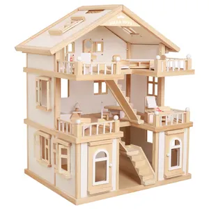 Rumah boneka kayu putih anak-anak dengan furnitur, Aksesori, tangga dapat digerakkan untuk pelatihan sosial