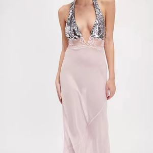 Nouvelle Robe Longue de Soirée Halter en Satin et Dentelle à Paillettes, Coupe Slim et Élégante pour Femme - Product Image 1