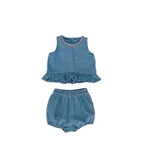 Summer 2024 children's wear embroidered soft denim baby girl baby cotton sweet sleeveless suit