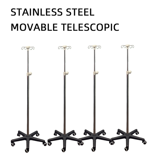Mobile IV Pole Stand with 4 Hooks 5 Wheels Stainless Steel for Infusion and Saline Bags