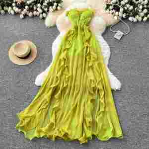 Vestido Midi de Verano 2025 para Mujer, Sostenible, Sexy, Sin Tirantes, Asimétrico, con Abertura, Corte en A, Túnica, Ajustado, Casual, Tejido Transpirable, Estilo Imperio - Product Image 1