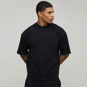 T-shirt noir à manches courtes pour homme, coupe ample, jersey décontracté, 100% coton, col rond, uni, écologique, tissu tricoté 300g - Product Image 1