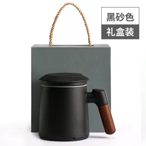 Wooden handle tea infuser mug with lid ceramic tea cup with filter vintage mugs