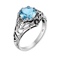Bague florale vintage en argent sterling 925 avec topaze bleue, oxydée, style couronne antique, sertie de griffes, bijoux fins personnalisés pour marques de joaillerie