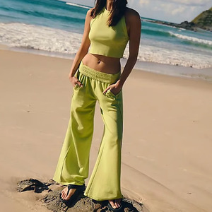 Costume da bagno estivo personalizzato di alta qualità canotta Skinny e gamba larga due pezzi Set Crop Top elastico pantaloni da Jogger - Product Image 4