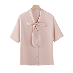 Women's Short Sleeve Chiffon Blouse Solid Color French Bow Top Office Wear Elegant Wrap And Tie Shirt - Product Image 5