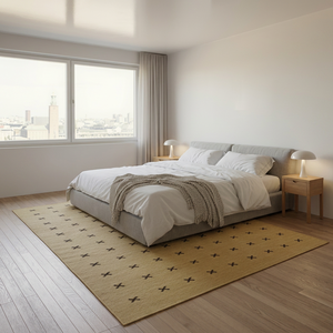 Tapis de couloir rectangulaire moderne en laine géométrique fait main, minimaliste, à tissage plat, antidérapant, motif croisé, beige, à poils ras - Product Image 1