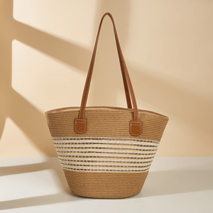Luxury Women's Summer <strong>Beach</strong> Rattan Shoulder <strong>Bag</strong> Woven <strong>Straw</strong> Striped Zipper Tote <strong>Bag</strong> Large Capacity Woven <strong>Bag</strong> - Product Image 3