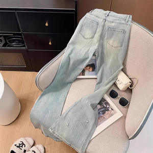 Jean évasé bleu clair pour femme, taille mi-haute, motif géométrique, polyester/coton, coupe classique, denim vintage, délavage clair, respirant, Nouveauté 2025 - Product Image 4