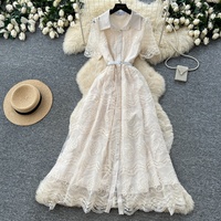Robe longue décontractée pour femmes, élégante, rose, brodée, col chemise, manches courtes, avec ceinture, pour un usage quotidien