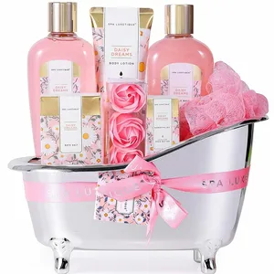 Daisy Dreams Scent Spa Gift Basket For Women 8pcs Body Set With Essential Oil Bath Salts