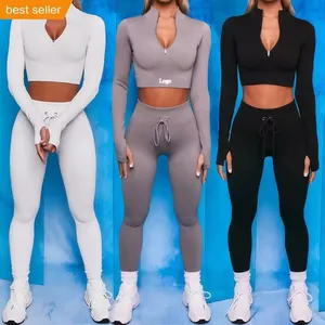 Langarm 2 Stück Yoga Wear Workout Leggins Kleidung Active wear Privatel Nahtlose Custom Label Gym Fitness-Sets für Frauen