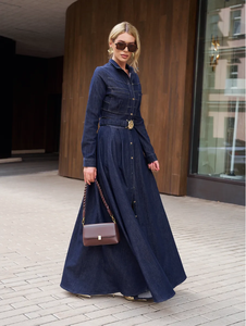 Vendita calda Maxi abito in <span class=keywords><strong>Denim</strong></span> da donna collo alto manica lunga con cintura a vita alta con bottone frontale Modulare svasato abito elegante - Product Image 2