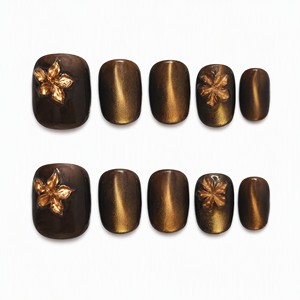 Uñas Postizas de Lujo con Diseño de Ojo de Gato, Acrílicas, con Flores en Relieve, Cobertura Total, con Pegamento para Uso Diario - Product Image 1
