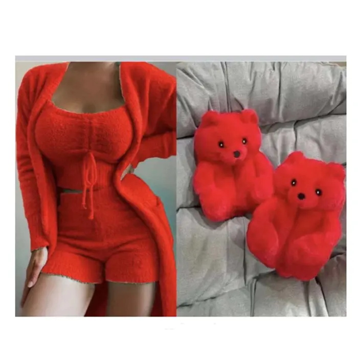 Winter Spring fleece 3 piece shorts pajamas vest crop top with shorts outfits matching teddy bear slippers