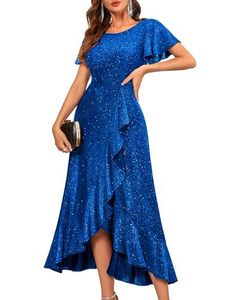 <span class=keywords><strong>Robe</strong></span> de soirée élégante noire à sequins pour <span class=keywords><strong>femme</strong></span>, col rond, manches à volants, coupe asymétrique, longueur midi, idéale pour <span class=keywords><strong>cocktail</strong></span> et <span class=keywords><strong>mariage</strong></span> - Product Image 5