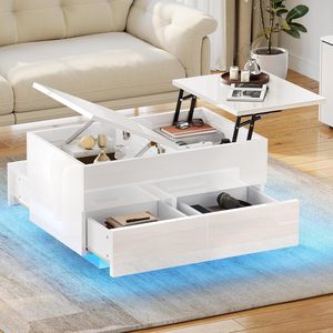Tavolino <span class=keywords><strong>da</strong></span> Caffè Moderno Bianco Rettangolare con Illuminazione LED, Vano Contenitore Nascosto e Altezza Regolabile - Product Image 1