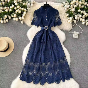 Vestido <span class=keywords><strong>Midi</strong></span> informal con cuello levantado Vintage de verano con logotipo personalizado para mujer, vestido de encaje calado de manga corta Imperio, vestidos negros - Product Image 3