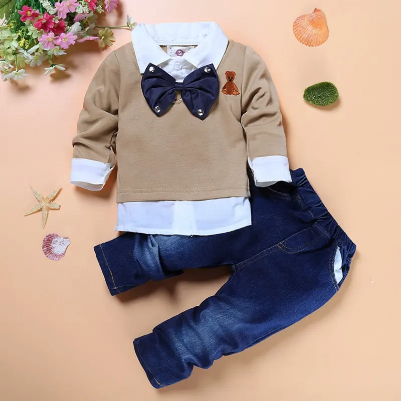 Fashion Kids Jongens Kleding Sets Casual Lange Mouw + Jeans Broek Gentleman Kinderkleding Set