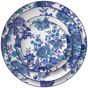 Jove prato de cerâmica para jantar, pratos de cerâmica, azul, roxo e branco, flor, restaurante, porcelana, aro de jantar