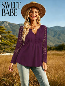 Blusa Casual de Verano para Mujer, Elegante, con Mangas de Encaje Morado, Cuello en V, Botones, Talla Grande - Product Image 1