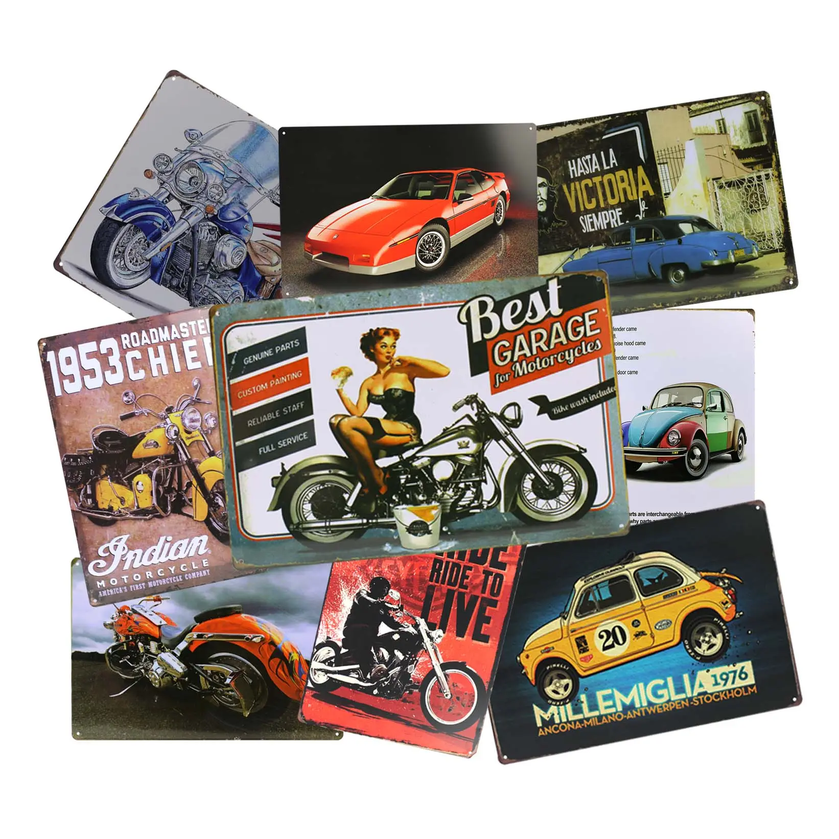 Impresión personalizada en blanco para decoración de pared de motocicleta, letreros Retro Vintage, letrero de lata de Metal para coche, venta al por mayor