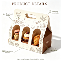Boîte en papier kraft avec poignée de transport, fenêtre arquée, plateau intérieur à trois compartiments, surface mate, pour pâtisserie à emporter, vente en gros