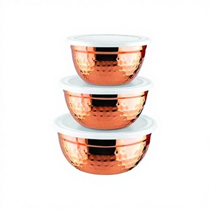 Ensemble de 3 pièces en acier inoxydable de couleur cuivre bol à mélanger martelé avec couvercle en plastique pour servir un matériau métallique durable - Product Image 1