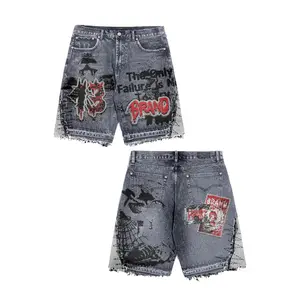 Custom Hoge Kwaliteit Logo Heren Denim Shorts Distressed Borduurwerk Patch Y 2K Trimmen Raw Zoom Jeans Shorts