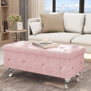 Banco Otomano de Almacenamiento Tapizado en Cuero de Lujo de 37.4 Pulgadas, Banco con Reposapiés Acolchado <span class=keywords><strong>y</strong></span> Bisagra de Seguridad <span class=keywords><strong>para</strong></span> Sala de Estar o Dormitorio - Rosa - Product Image 4