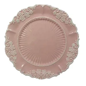 Customized Round shape ceramic embossed pink color charger plate dish