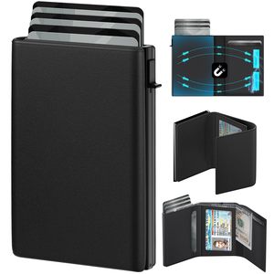 Portefeuille pour homme en fibre de carbone à trois volets, porte-cartes automatique à ouverture rapide, protection RFID, taille compacte, noir - Product Image 5