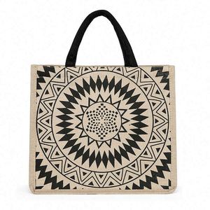 Sac fourre-tout en jute grande capacité style bohème rétro géométrique pour femme, idéal pour la plage - Product Image 1