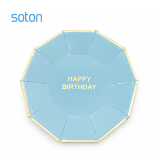 Piatti di Carta Ottagonali per <span class=keywords><strong>Compleanno</strong></span> con Bordo Dorato, Blu Chiaro, Usa e Getta, per Torte e Dessert, Forniture per Feste in Confezione Convenienza - Product Image 1