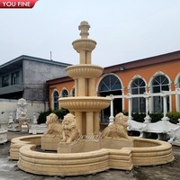 YOUFINE Grande fontaine d'eau extérieure personnalisée en marbre blanc antique avec deux lions et une dame assise pour manoir, allée et aménagement paysager