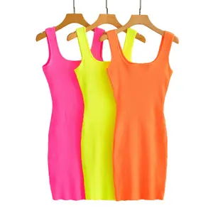 2023 Stylish Women's Dresses Ribbed Sleeveless Square Neck Tank Tops Mini Dress 90% Nylon 10% Spandex Women Bodycon Sexy Dress