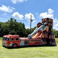 Château Gonflable Thème Camion de Pompiers avec Toboggan – Offre Spéciale pour Location d'Équipements de Fête pour Enfants et Adultes