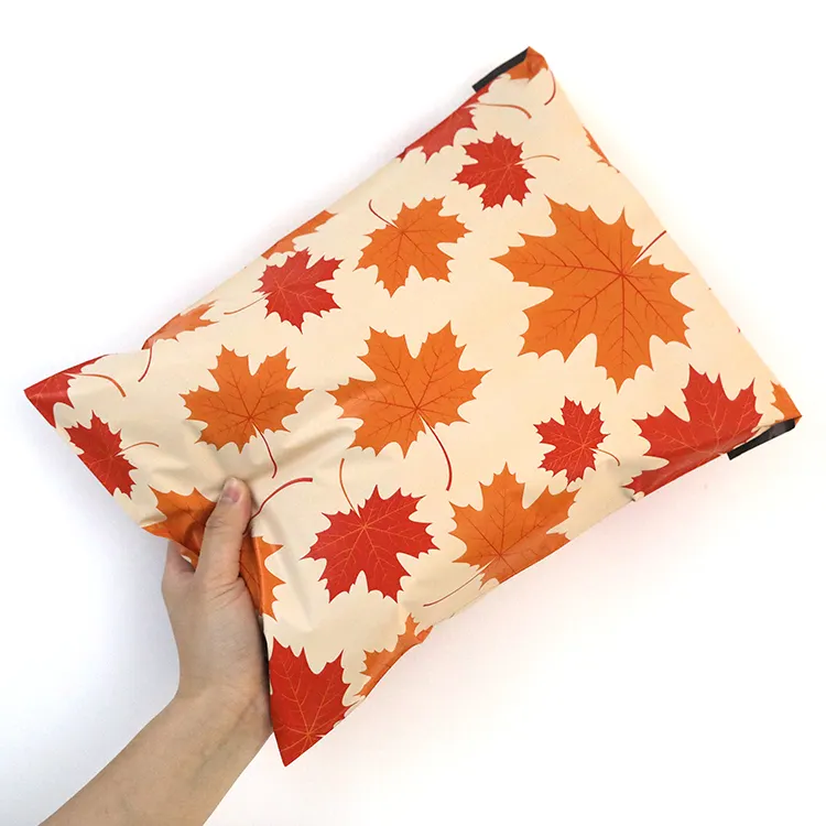 Custom Orange Maple Leaf Pattern Plastic Self Adhesive Poly Mailers Shipping Package Envelope Mailing Bag