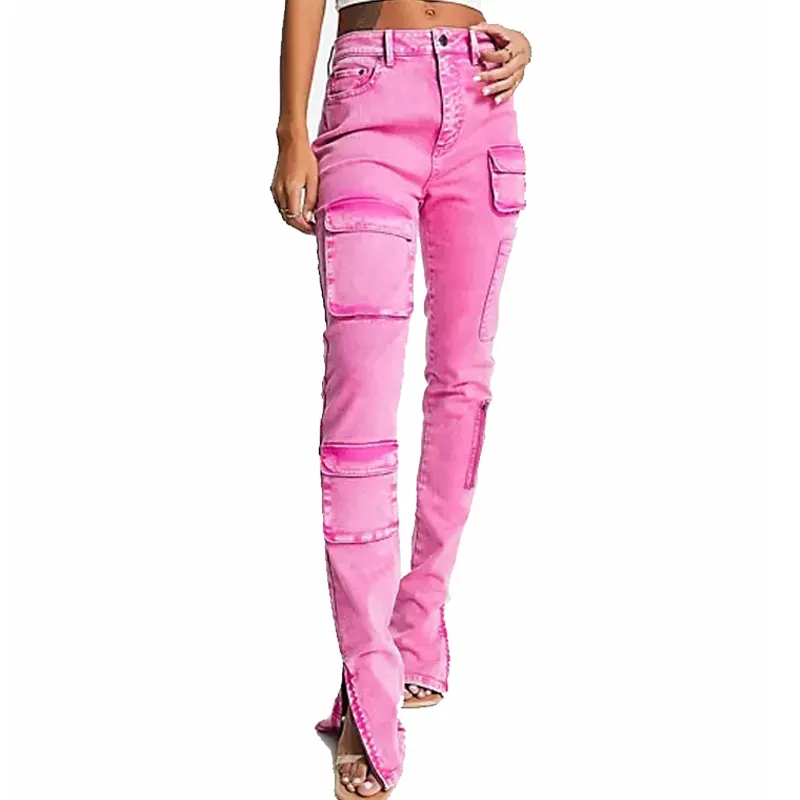 OEM custom high waisted pink wash denim multiple cargo pocket pant leg slit fashion vintage skinny jeans for women