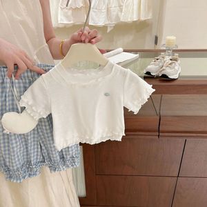 Girls Ruffled Short Sleeve T-Shirt Top Cotton Breathable Summer Korean Style Two Piece Set With Pants <b>Checkered</b> Solid Color - Product Image 2