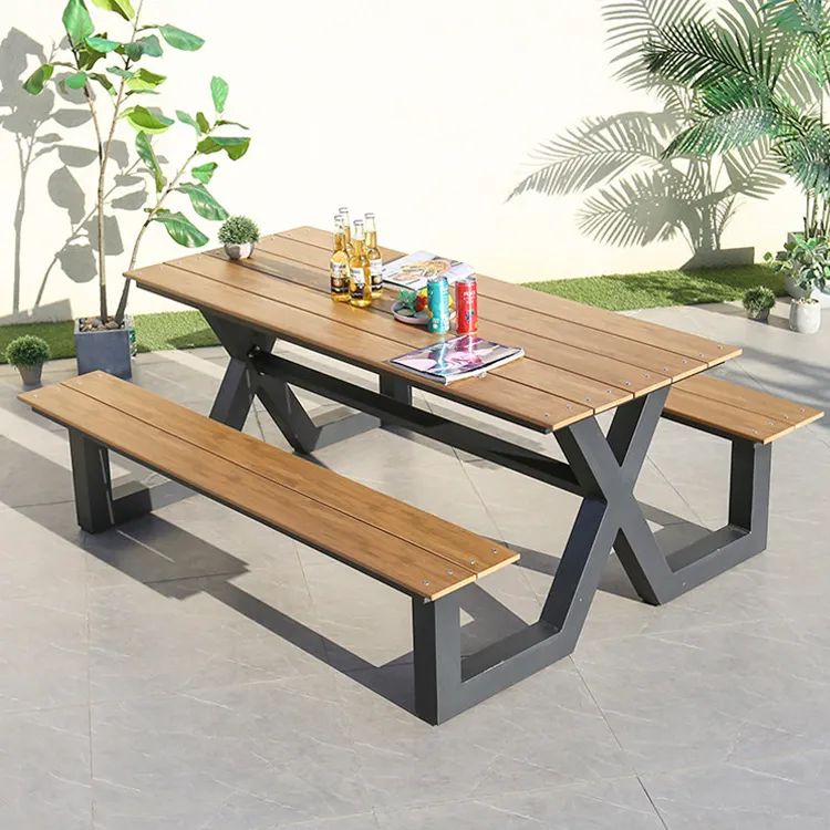 Outdoor Patio Hotel Restaurant Dining Plastic Wood Table And Chairs Modern Park Picnic Wooden Table With Bench