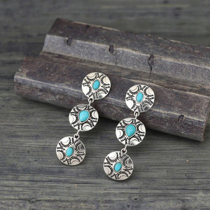 Vente en gros Western Cowboy Retro Turquoise Ethnique Exagéré Alliage Boucles d'Oreilles Pendantes Femmes Trois Concho Design Complexe Turquoise - Product Image 4
