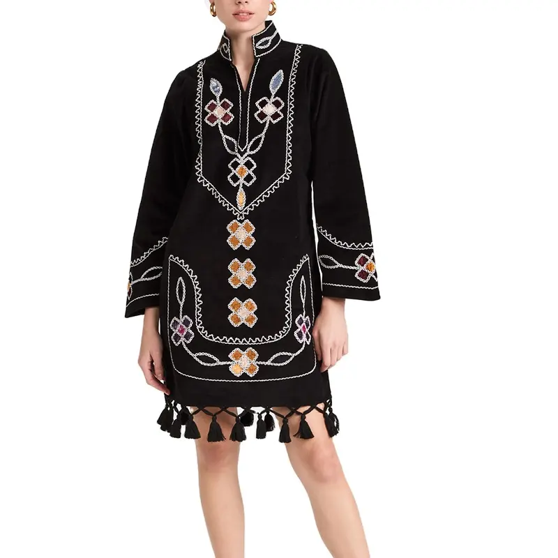 OEM Ethnic Style Women V Neckline Long Bell Sleeves Fringe Dress Floral Embroidered Mini Dress STD9079A