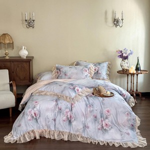 European Style Luxury Jardin Monet Big Flower Printed <strong>Ruffled</strong> 100% Cotton Eco-Friendly 300tc;600s 4-Piece <strong>Bed</strong> Sheet <strong>Set</strong> - Product Image 1