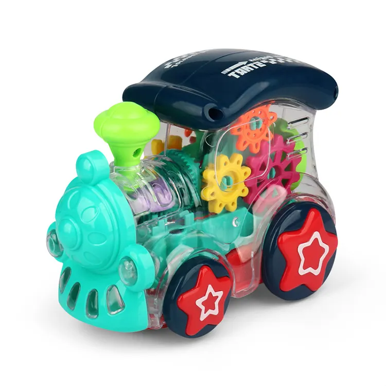 Desain baru mainan plastik bayi balita garis tarik mobil Mini gigi rotasi transparan kereta api